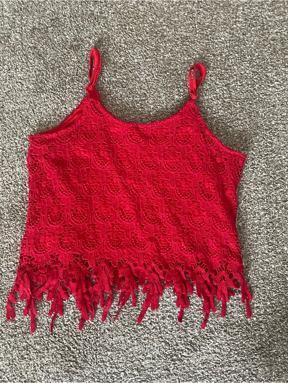 Women’s Red Solid Crochet Fringe Hem Camisole Tank Top Adjustable Straps S